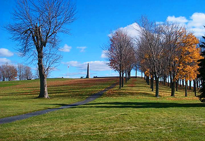 General view of Battle of Crysler's Farm showing its setting on a grassy knoll made from earth removed from the original monument site, 2008. © Parks Canada Agency / Agence Parcs Canada, Dan Pagé, 2008.
