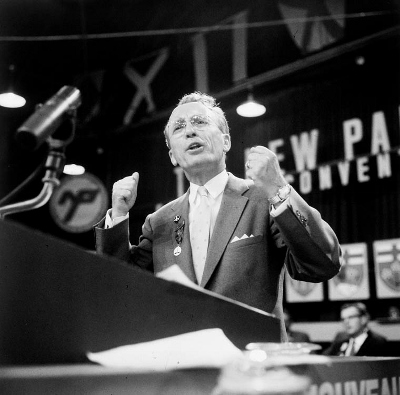 Historic photograph showing Mr. T.C. Douglas addressing New Democrat Party convention, July 1961 © Library and Archives Canada | Bibliothèque et Archives Canada, Duncan Cameron, C-036222