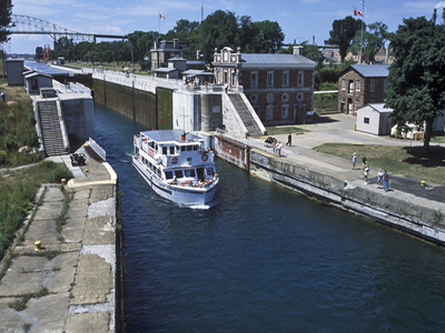 General view of Sault Ste. Marie Canal showing the functional inter-relationship and orientation of facilities in the canal corridor. © Parks Canada Agency / Agence Parcs Canada.