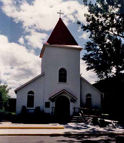 Front view of the chapel, showing its steepled entry tower, 1986. © Royal Canadian Mounted Police / Gendarmerie royale du Canada, 1986.