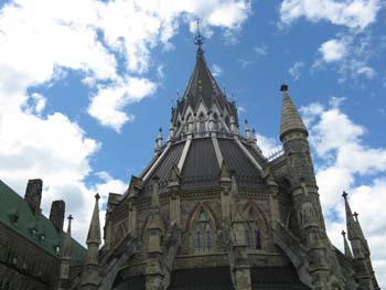 Detail view of the Library at Parliament Hill showing the highly romantic, Gothic Revival style, 2010. © Parks Canada | Parcs Canada, C. Beaulieu, 2010