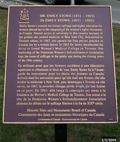 Commemorative plaque for Dr. Emily Stowe National Historic Person