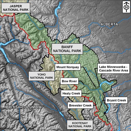 Map of Banff National Park, identifying Brewster Creek, Healy Creek, Bryant Creek, Bow River, Mount Cory, Castle Junction and Lake Minnewanka drainages
