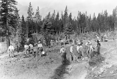 Internees clear the way for the road to Lake Louise in 1915.