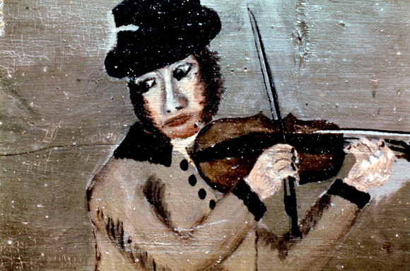 A painting on wooden boards of a man wearing a top hat and playing the fiddle.