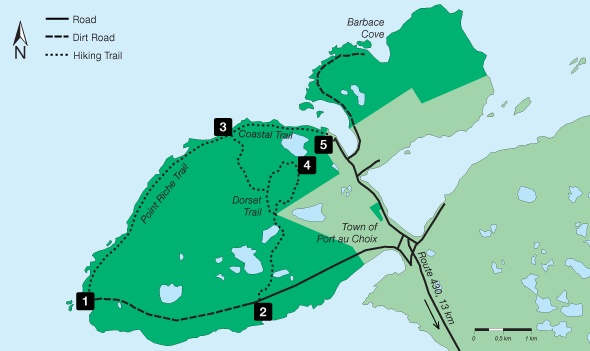 Map of hiking trails. Port au Choix National Historic Site of Canada