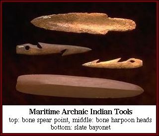 Maritime Archaic Indian Tools (Top to bottom: bone spear point, bone harpoon heads, slate bayonet)