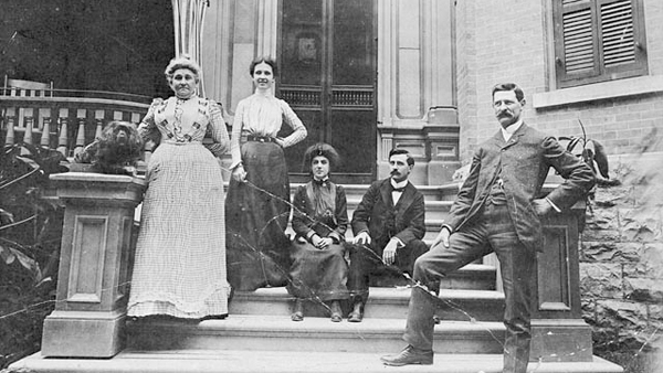 Lady Laurier and friends on steps of Laurier House (pet dog King Charles Spaniel at left) circa 1907 