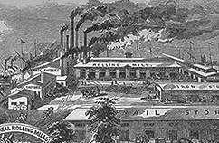 Engraving showing several workshops (rolling mill, iron store, nail store, etc.)