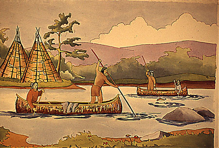 Group of Amerindians travelling on the St. Lawrence River in a bark canoe
