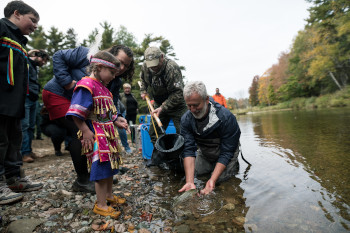 A child in traditional Mi’kmaq dress releases an Atlantic salmon.