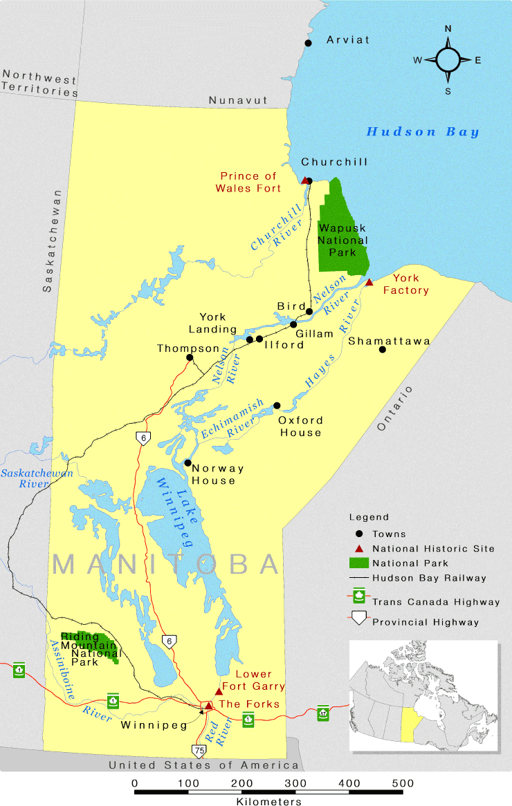 A map of Manitoba featuring two national parks, four national historic sites, and several population centres.