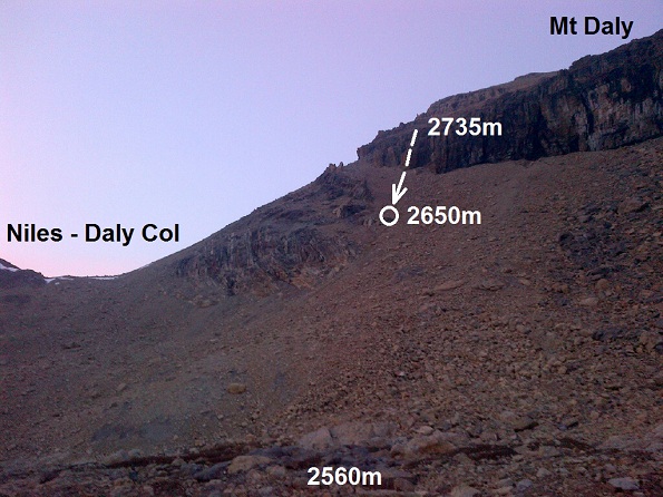 Accident location on the SW slopes of Mt Daly from the helicopter staging area, 2015-08-23