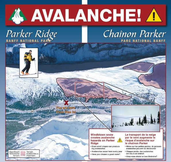 Aerial Relief Map of Parker Ridge, Banff National Park showing significant avalanche terrain.  Windblown snow creates avalanche hazards on Parker Ridge. Even small slopes can produce big avalanches. Avalanches occur here every year. Have you chosen a good route?