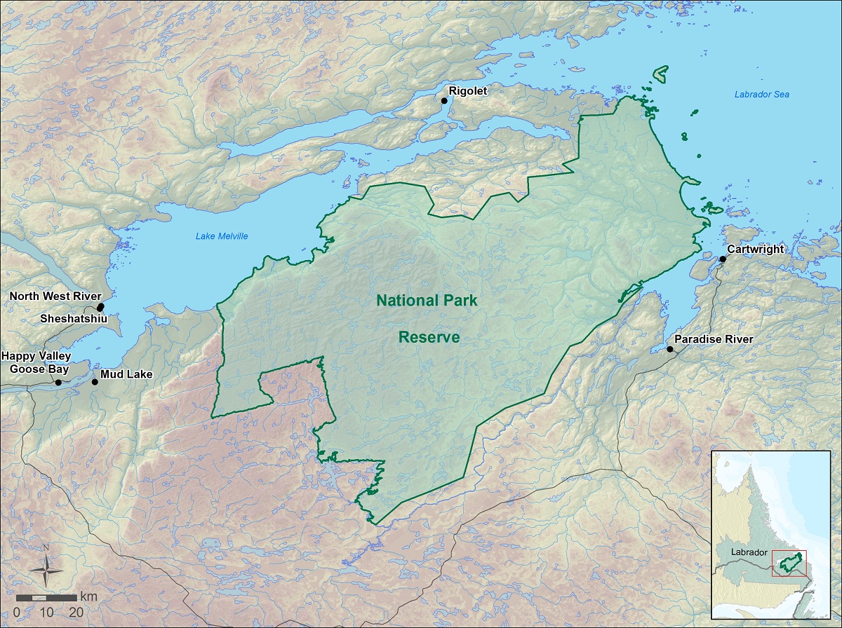Map of Akami-Uapishkᵁ-KakKasuak-Mealy Mountains National Park Reserve