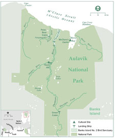 A downloadable pdf map image of Aulavik National Park that features major rivers, lakes, aircraft landing strips and cultural resource sites in the park