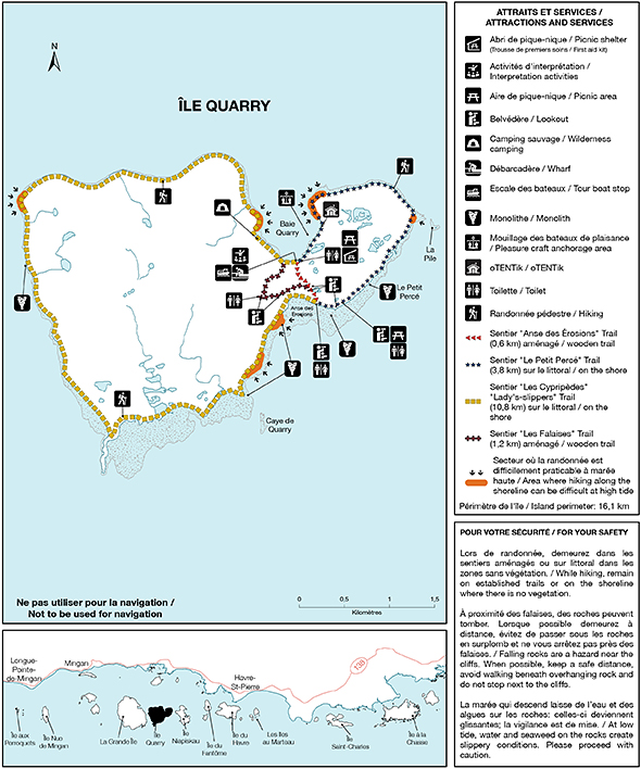 Map of trails and facilities found on île Quarry