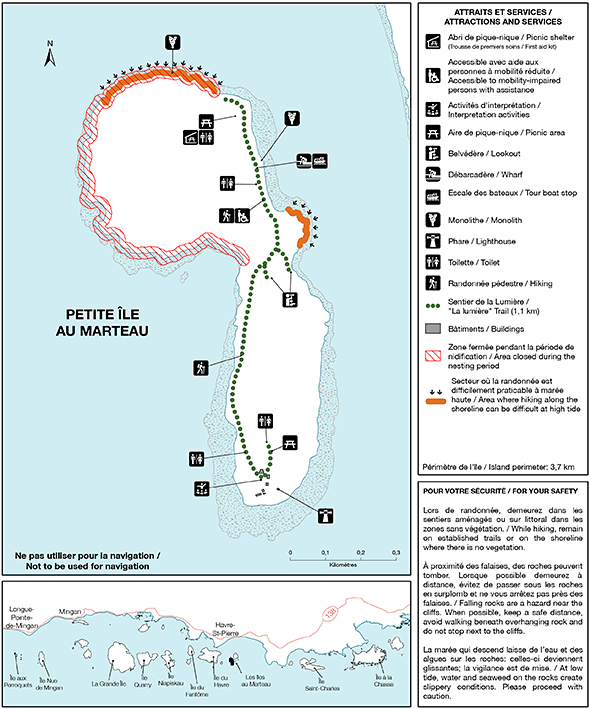 Map of trails and facilities found on Petite île au Marteau
