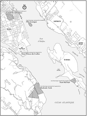 Carte qui montre les sites du complexe de défense d'Halifax