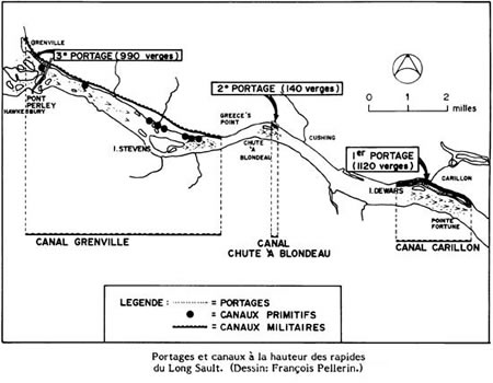 Carte des sentiers de portage et du premier système de canalisation de l'Outaouais vers 1834.