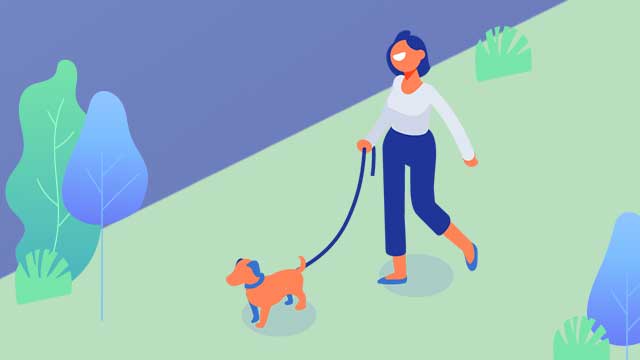 Illustration d'une femme qui marche avec son chien en laisse