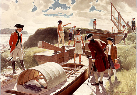 L'image Évoque une scène d'époque où les soldats du King's Royal Regiment of New York s'affèrent autour d'un bateau entrant dans le canal de Coteau-du-Lac.