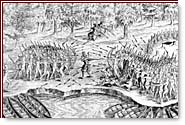 Entre la forêt et la rive, deux groupes formés de nombreux Autochtones affrontent avec arcs et flèches quelques Européens munis d'armes à feu