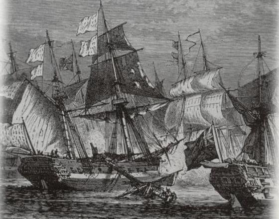 Combat opposant une flotte française contre les Anglais en 1760. Webber. Gravure