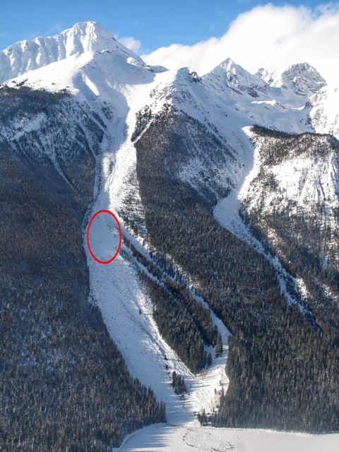 Le couloir d’avalanche du lac Emerald et le cercle indiquant l’endroit où les skieurs ont été ensevelis par l’avalanche de taille 3. La photo montre également l’endroit où la glace du lac a été cassée par les débris de l’avalanche de taille 4.