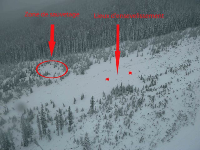 Lieu de l’accident dans la zone de dépôt du couloir d’avalanche du lac Emerald