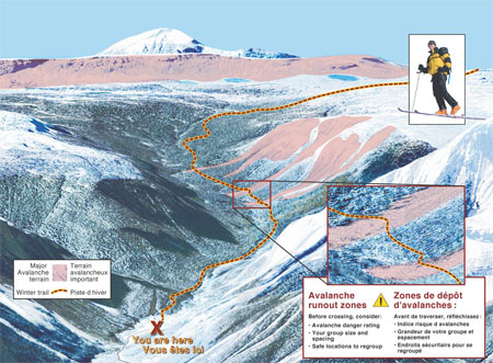 Carte du ruisseau Healy, parc national Banff, terrain avalancheux important. Zones de dépôts des avalanches : Avant de traverser réfléchissez : Indice risque d'avalanches, grandeur de votre groupe et espacement, endroits sécuritairs pour se regroupé
