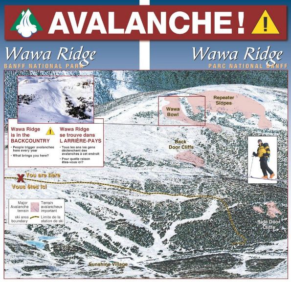 Carte de Wawa Ridge, parc national Banff, terrain avalancheux important. Wawa Ridge se trouve dans l'arrière-pays. Tous les ans les gens déclenchent des avalanches à cet endroit. Pour quelle raison êtes-vous ici?