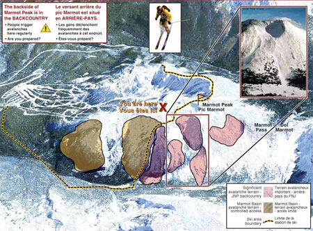 Carte du versant arrièrre du pic Marmot, parc national Jasper, terrain avalancheux important.  Le versant arrièrre du pic Marmot est situé en arrièrre-pays. Les gens déclenchent fréquemment des avalanches à cet endroit. Êtes-vous préparé?