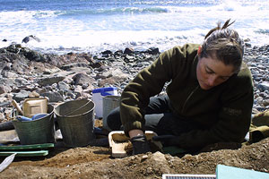 An archaeologist sifts through soil