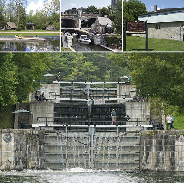 Four images: 1. A canoe on a dock, 2. Boats passing through a canal, 3. A museum, 4. A lock on a canal.
