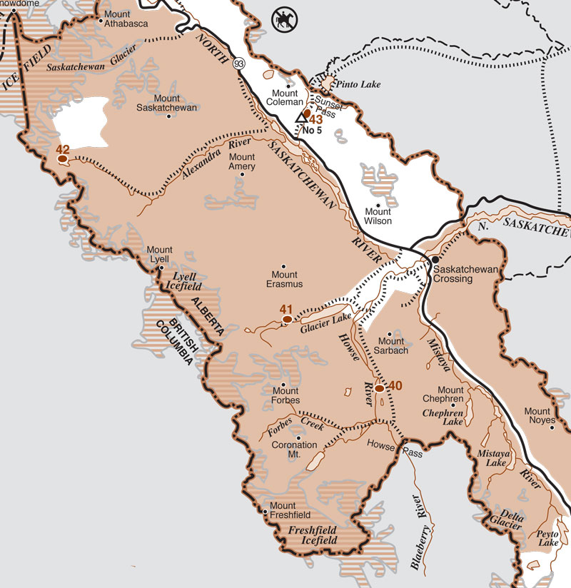 Map of horse riding trails, backcountry campground and grazing areas located in Banff National Park