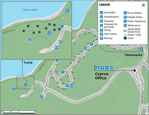 Map showing yurts at Cyprus Lake